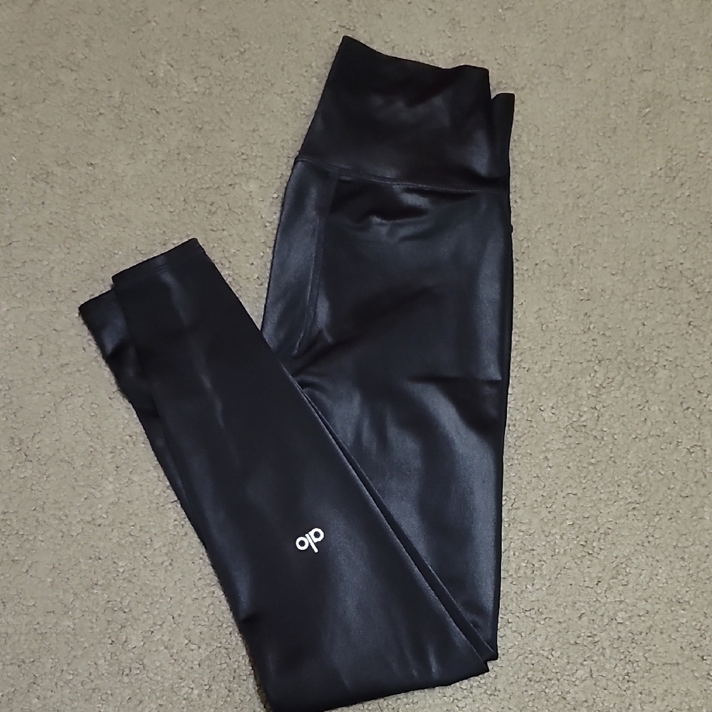 ALO Black Faux Leather Leggings with Logo